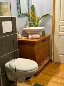 a bathroom with a toilet and a sink at Les Chalets de Afaahiti - Fare Keanu in Tiitau +19 photos