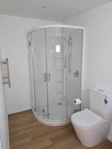 a white bathroom with a shower and a toilet at Cold Ebb Mountain View Homestay 