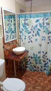 Un baño con lavabo y cortina de ducha. en Camping El Chañar, en Jocolí Viejo