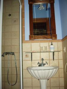 a bathroom with a sink and a shower with a mirror at Hotel Rural La Casa del Montero in Espinosa de los Monteros