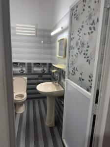 a small bathroom with a toilet and a sink at Mango House River Inn Negombo in Kochchikade