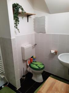 Sehma2-Personen-Apartment的一间带卫生间和绿色座椅的浴室