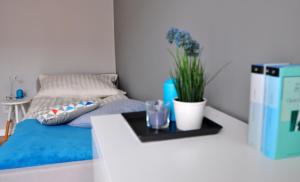 ein weißer Tisch mit einer Pflanze neben einem Bett in der Unterkunft Gdansk Old Town River View in Danzig