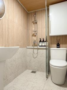 un baño con inodoro y ducha en 스테이프랑, en Seúl 63 fotos más