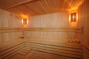 a wooden sauna with two benches in it at Wellness Resort Energetic in Rožnov pod Radhoštěm +38 photos