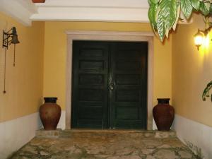 a green door in a room with two vases at AQC - A Quinta Chama in Caldas da Rainha