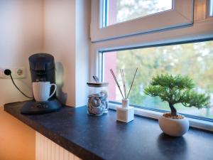 Un mostrador de cocina con una ventana con un árbol encima. en GreenTreeHomes - Herzstück Kirsche- im Zentrum Coburgs, en Coburg