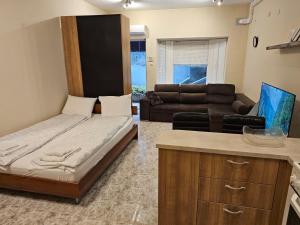 Ένα ή περισσότερα κρεβάτια σε δωμάτιο στο Bright and Cozy Studio with Garage near the Center