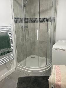 una ducha con puerta de cristal en un baño en Maison en RDC an Campagne bucolique, en Vouvray