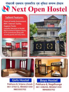 a flyer for a new open house at next open Hostel in Pokhara