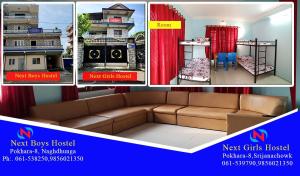 a collage of pictures of a living room with a couch at next open Hostel in Pokhara