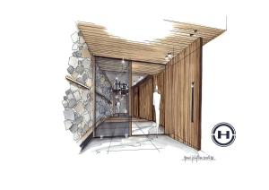 a rendering of the lobby of a building with a man standing in the doorway at Nexus Suiten - by A-Appartments in Stuben am Arlberg