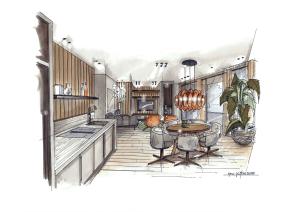 an illustration of a kitchen with a table and chairs at Nexus Suiten - by A-Appartments in Stuben am Arlberg