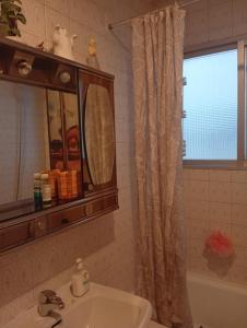 een badkamer met een wastafel en een douchegordijn bij Habitación de matrimonio in Madrid