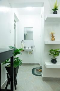 a bathroom with white walls and a sink and plants at Kari Cozy Homes in Nairobi
