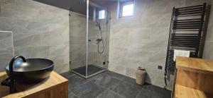a bathroom with a shower with a glass door at Villa Olea in Tihany +77 photos