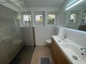 a bathroom with a sink and a shower and a toilet at Villa Amistad in Mont-de-Marsan