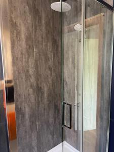 una ducha con puerta de cristal en un baño en Hikers Rest, en Findon