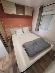 トレイユにあるGrand mobil-home familial accès direct à la mer 5 étoileの窓付きの小さな部屋の大型ベッド1台分です。 +24枚の写真