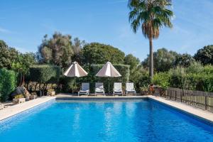 a swimming pool with two umbrellas and a palm tree at Can Gat in Pollença