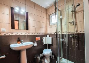 Un baño con inodoro, lavabo y ducha. en Casa Sonne, en Buşteni 24 fotos más