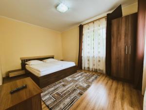a bedroom with a bed and a large window at Casa Sonne Bușteni in Buşteni +28 photos
