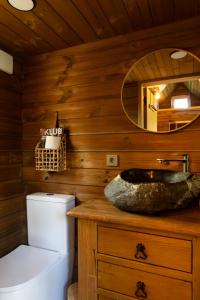 Un baño con inodoro, lavabo y espejo. en Baltrozes, en Ādaži 38 fotos más