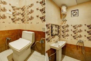 two pictures of a bathroom with a toilet and a sink at Hotel O Blue Vibes in Meerut