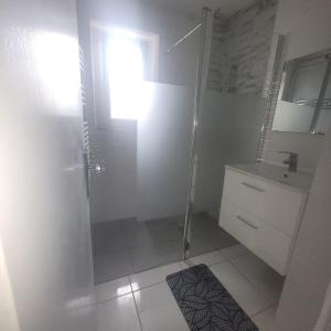 a white bathroom with a shower and a sink at Appartement standing proche centre rocade PARC colombiere wifi in Dijon
