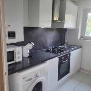 a kitchen with a stove and a washing machine at Appartement standing proche centre rocade PARC colombiere wifi in Dijon +9 photos