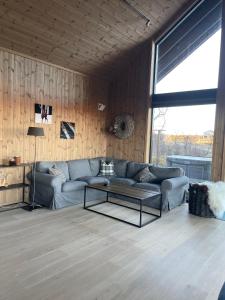 a living room with a couch and a table at Spacious modern family chalet in Solhovda close to hiking, skiing & nature in Hol