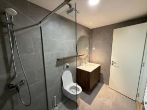 a bathroom with a shower and a toilet and a sink at BelgradeWATERFRONT - Apartments in Sajmište +26 photos