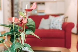 a red couch in a living room with a plant at Palladio Apartment - Vista Fiume, In Centro con Garage in Vicenza
