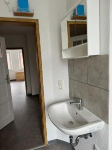 a bathroom with a sink and a mirror at Monteur Budget-Ferienhaus in Hof, stadtnähe in Hof