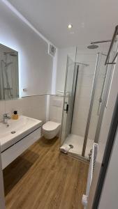 a bathroom with a shower and a toilet and a sink at Gästehaus Fries in Blankenheim +26 photos