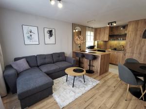 een woonkamer met een bank en een tafel bij Apartament Opawska 2 in Gliwice