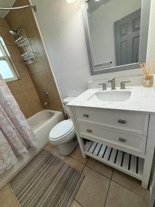 Un baño con lavabo, inodoro y espejo. en Private Cozy Apartment, en Jacksonville
