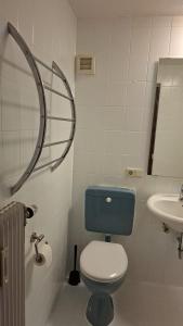 a bathroom with a blue toilet and a sink at Apartment HESS in Rust