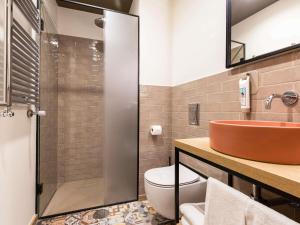a bathroom with a shower and a toilet and a sink at ibis Styles Chaves in Chaves +110 photos