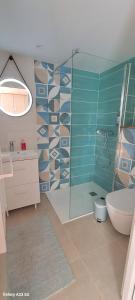 a bathroom with a shower and a toilet and a sink at Studio Nature in Marboz