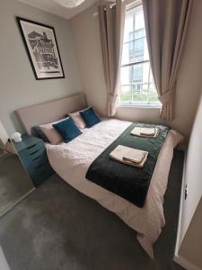 een slaapkamer met een bed met blauwe kussens en een raam bij Victoria's Bright Georgian Apartment in Liverpool