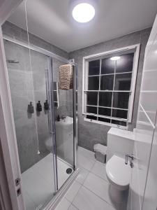 een badkamer met douche en toilet bij Victoria's Bright Georgian Apartment in Liverpool +10 foto's
