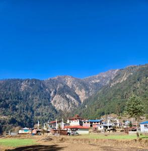 a group of houses in front of a mountain at Hotel Eco Friendly Pvt in Thāre Pāti