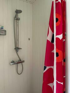 a shower with a red and white curtain in a bathroom at Sommerhus Med Havudsigt Ved Faldsled in Faldsled +13 photos