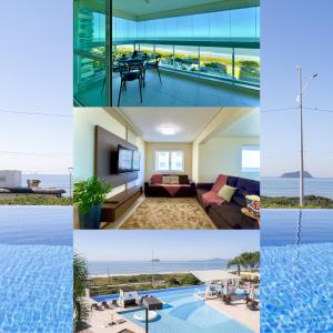 a collage of photos of a house with a pool at Apto Frente Mar Bali Beach Home Club 3 Quartos Climatizados Cozinha Completa Sacada com Churrasqueira 2 Vagas de Garagem Piscina borda infinita Sauna Academia Cinema Quadra Salão de Jogos Pé na Areia 15min do Beto Carrero in Piçarras