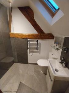 a bathroom with a white toilet and a sink at The Stables in Droitwich