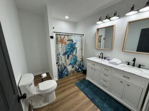 a bathroom with a toilet and a sink and a mirror at Hidden gem at the lake 4 bedrooms in Moneta +40 photos