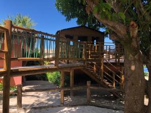 Un escalier en bois mène à une cabane dans les arbres. dans l'établissement Chalé das flores, à Maceió 4 autres photos