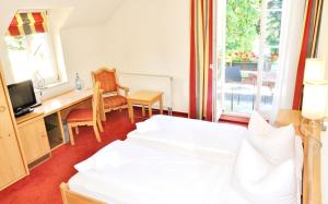 a bedroom with a bed and a desk and a television at Hotel Alttolkewitzer Hof in Dresden