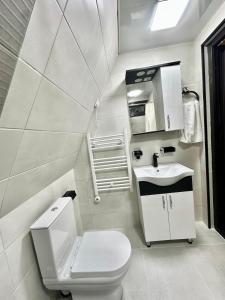 ein weißes Badezimmer mit Toilette und Waschbecken in der Unterkunft Cozy wooden cottage in the forest 2 km from Kutais in Kutaissi + 18 Fotos